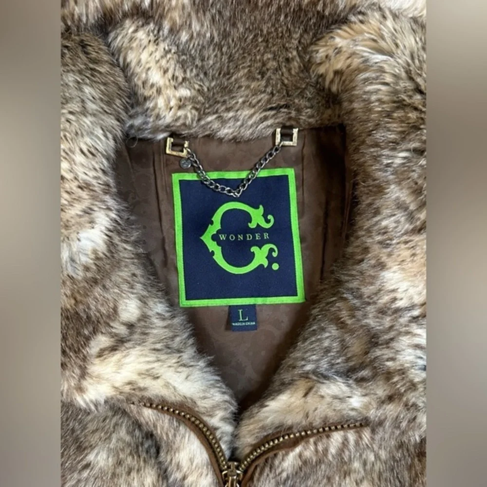 C Wonder Faux Fur Vest Womens Large Brown Tan Full Zip‎ Collar Turtleneck